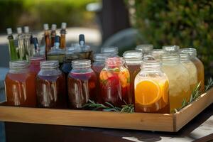 un refrescante, barbacoa bebida mostrar, exhibiendo un selección de frío como hielo bebidas, tal como limonada, con hielo té, arte cervezas, conjunto en contra un vibrante, veraniego fondo. generativo ai foto