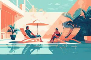 Poolside relaxation scene, showcasing a couple lounging together on comfortable sunbeds, sipping cool, tropical drinks, and enjoying the warmth of the summer sun at a luxurious resort. Generative AI photo