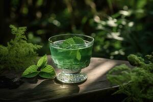 A refreshing cocktail, showcasing a botanical gin-based drink, garnished with fresh herbs, such as basil or thyme, and served in a stylish, modern glass. Generative AI photo