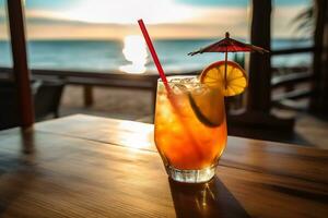 A refreshing, tropical cocktail, served in a stylish glass and garnished with a vibrant paper umbrella, fresh fruit, and a colorful straw, set against a sunlit beach backdrop. Generative AI photo