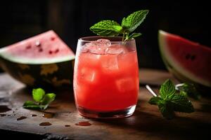 Watermelon cocktail, featuring a vodka or tequila-based drink mixed with fresh watermelon juice, served in a chilled glass garnished with mint leaves. Generative AI photo