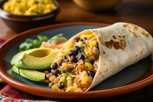 A savory, Southwestern-style breakfast burrito, filled with scrambled eggs, avocado, black beans, and salsa, served patterned plate with a side of zesty lime wedges. Generative Ai. photo