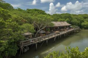 A rustic bamboo cafe, its tables spilling out onto a boardwalk over a mangrove swamp. Patrons are enjoying tropical drinks and fresh seafood dishes. eco friendly construction. Generative AI photo