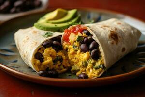 A savory, Southwestern-style breakfast burrito, filled with scrambled eggs, avocado, black beans, and salsa, served patterned plate with a side of zesty lime wedges. Generative Ai. photo