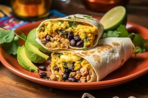 A savory, Southwestern-style breakfast burrito, filled with scrambled eggs, avocado, black beans, and salsa, served patterned plate with a side of zesty lime wedges. Generative Ai. photo