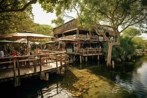 A rustic bamboo cafe, its tables spilling out onto a boardwalk over a mangrove swamp. Patrons are enjoying tropical drinks and fresh seafood dishes. eco friendly construction. Generative AI photo