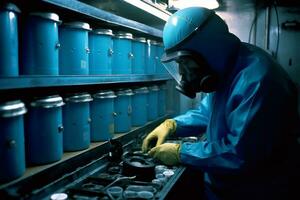 un científico ajustando perillas y válvulas en un grande envase ese sostiene un misterioso brillante azul gas. generativo ai foto