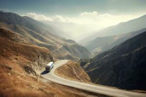 The image show a transport truck driving through a winding road in the mountains. Generative AI photo