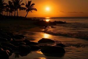 un playa a puesta de sol con el Dom despacio derritiendo dentro el océano. rayos de naranja y carmesí reflejando en el ondulación mar como día se desvanece a oscuridad. siluetas de palma arboles en el costa. generativo ai foto