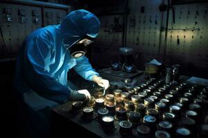 A scientist adjusting knobs and valves on a large container that holds a mysterious glowing blue gas. Generative AI photo