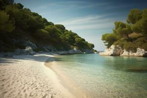 un sereno Disparo de un aislado playa, con blanco arena y cristal claro aguas felicidad en Croacia prístino playas generativo ai foto