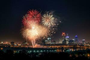 A spectacular, nighttime fireworks, lighting up the sky with vibrant, colorful bursts, celebrating the spirit of Independence Day, set against the backdrop of a city skyline or a serene. Generative AI photo