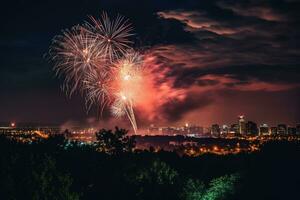 A spectacular, nighttime fireworks, lighting up the sky with vibrant, colorful bursts, celebrating the spirit of Independence Day, set against the backdrop of a city skyline or a serene. Generative AI photo