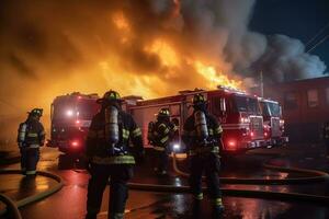 A squad of bulky firefighters in heavy coated turnout gear clutching high-pressure hoses mounted on their fire truck, rushing towards a raging 4-alarm warehouse fire. Generative AI photo