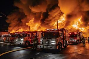 A squad of bulky firefighters in heavy coated turnout gear clutching high-pressure hoses mounted on their fire truck, rushing towards a raging 4-alarm warehouse fire. Generative AI photo
