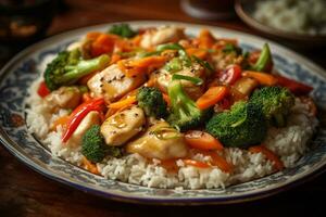 Asian-inspired summer fish stir-fry, showcasing tender, marinated fish pieces, stir-fried with a colorful array of fresh, seasonal vegetables, and served over a bed of steamed rice. Generative AI. photo