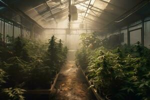 A sprawling cannabis greenhouse, glass panes fogged with humidity. Rows of healthy cannabis plants line winding shelves, heavily laden with colas. Generative AI photo