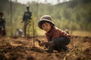 silvicultura expertos y voluntarios plantando arboles como parte de un repoblación forestal proyecto. el imagen capturas el momento un niño lugares un árbol joven en el suelo, simbolizando esperanza para el futuro. generativo ai foto