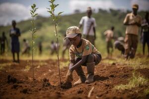 Forestry experts and volunteers planting trees as part of a reforestation project. The image captures the moment a child places a sapling in the soil, symbolizing hope for the future. Generative AI photo