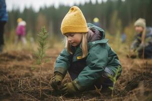 Forestry experts and volunteers planting trees as part of a reforestation project. The image captures the moment a child places a sapling in the soil, symbolizing hope for the future. Generative AI photo