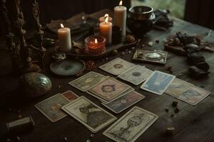 Tarot cards, but each card features interpretations of astrological transits or the positions of the planets in different houses of the zodiac. Two divination systems entwined. Generative AI photo