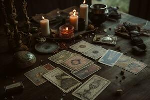 tarot tarjetas, pero cada tarjeta caracteristicas interpretaciones de astrológico tránsitos o el posiciones de el planetas en diferente casas de el zodíaco. dos Adivinación sistemas entrelazados. generativo ai foto