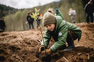 Forestry experts and volunteers planting trees as part of a reforestation project. The image captures the moment a child places a sapling in the soil, symbolizing hope for the future. Generative AI photo