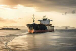 A tanker ship being loaded with oil. Tanker ship in the foreground and the drilling rig in the background. Generative AI photo