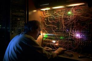 A technician monitoring a control panel for a particle accelerator, as beams of high-energy particles converge and collide, visible as glowing streams of energy. Generative AI photo