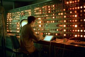 A technician monitoring a control panel for a particle accelerator, as beams of high-energy particles converge and collide, visible as glowing streams of energy. Generative AI photo