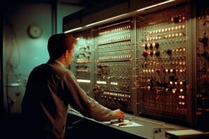 A technician monitoring a control panel for a particle accelerator, as beams of high-energy particles converge and collide, visible as glowing streams of energy. Generative AI photo