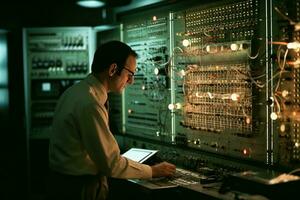 A technician monitoring a control panel for a particle accelerator, as beams of high-energy particles converge and collide, visible as glowing streams of energy. Generative AI photo