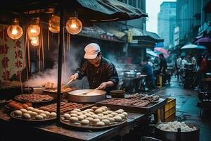 Chinese street food scene, featuring popular snacks like scallion pancakes, steamed baozi, skewers of grilled meat in vibrant, urban setting. Generative AI photo