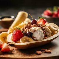 A tempting, close-up shot of a vegan featuring dairy-free ice cream, fresh fruit, and natural sweeteners. Highlights the dessert wholesome appeal. Generative AI photo