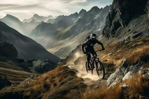 A thrilling, high-speed mountain biking scene, featuring a daring rider navigating a rugged, rocky trail, with a breathtaking mountain vista as the backdrop. Generative AI. photo