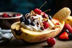 A tempting, close-up shot of a vegan featuring dairy-free ice cream, fresh fruit, and natural sweeteners. Highlights the dessert wholesome appeal. Generative AI photo