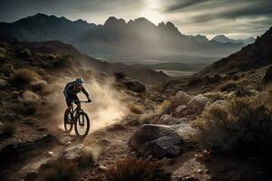 A thrilling, high-speed mountain biking scene, featuring a daring rider navigating a rugged, rocky trail, with a breathtaking mountain vista as the backdrop. Generative AI. photo