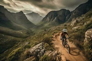 High-speed mountain biking , featuring a daring rider navigating a rugged, rocky trail, with a breathtaking mountain vista as the backdrop. Generative AI photo