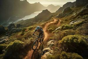 un emocionante, alta velocidad montaña andar en bicicleta escena, presentando un atrevido jinete navegando un escabroso, rocoso camino, con un asombroso montaña vista como el fondo. generativo ai. foto