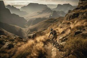 un emocionante, alta velocidad montaña andar en bicicleta escena, presentando un atrevido jinete navegando un escabroso, rocoso camino, con un asombroso montaña vista como el fondo. generativo ai. foto