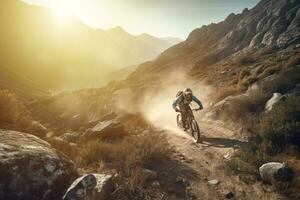 High-speed mountain biking , featuring a daring rider navigating a rugged, rocky trail, with a breathtaking mountain vista as the backdrop. Generative AI photo