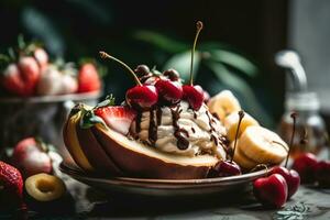 A tempting, close-up shot of a vegan featuring dairy-free ice cream, fresh fruit, and natural sweeteners. Highlights the dessert wholesome appeal. Generative AI photo