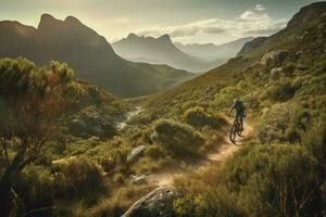 High-speed mountain biking , featuring a daring rider navigating a rugged, rocky trail, with a breathtaking mountain vista as the backdrop. Generative AI photo