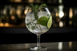 Artisanal gin and tonic, served in a large, balloon glass with a variety of botanical garnishes, such as cucumber, rosemary, and juniper berries, on a minimalist, marble bar top. Generative AI photo