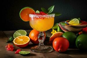 A vibrant, festive margarita, served in a salt-rimmed glass and garnished with a slice of lime, surrounded by fresh ingredients, such as citrus fruits and a bowl of tortilla chips. Generative AI photo