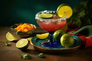 A vibrant, festive margarita, served in a salt-rimmed glass and garnished with a slice of lime, surrounded by fresh ingredients, such as citrus fruits and a bowl of tortilla chips. Generative AI photo