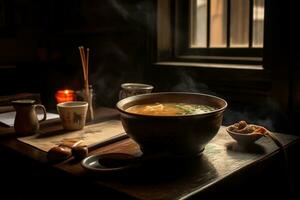 un cálido, humeante cuenco de caliente y agrio sopa, Wonton sopa, presentando un formación de sabores y ingredientes, conjunto en un acogedor, atmosférico chino restaurante. generativo ai foto