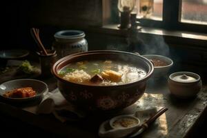 un cálido, humeante cuenco de caliente y agrio sopa, Wonton sopa, presentando un formación de sabores y ingredientes, conjunto en un acogedor, atmosférico chino restaurante. generativo ai foto