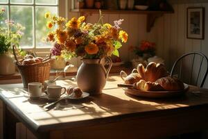 un cálido, iluminado por el sol cocina mesa, conjunto con un humeante maceta de café, un cesta de recién horneado cruasanes generativo ai. foto