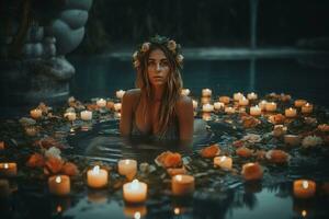 A woman in a flowing, bohemian-style two-piece swimsuit sits on the edge of a pool, surrounded by candles and flowers. The water is still and calm, creating a peaceful atmosphere. Generative AI. photo